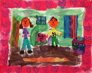 “Valentine’s Day” by Emily, age 8 from CT, USA describes her scene, “It is Valentine's Day. My brother, Sam, is giving me a Valentine. I chose this scene because I like getting Valentine's cards. I make a Valentine box at home. I am on the left wearing the purple shirt.” 